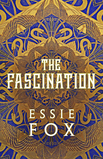 Cover for book "The Fascination" by Essie Fox. An intricate design, done in blue and gold. The design features a series of concentric hexagons radiating from the centre of the cover. In the resulting bands blue and gold alternately predominate, the detail featuring swans' necks and delicate wings as well as bullrushes.