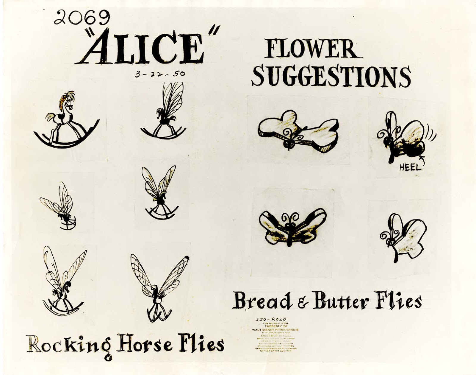 Vintage Disney Alice In Wonderland Animation Model Sheet 350 80 Flower Suggestions For Rocking Horse Flies And Bread Butter Flies