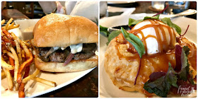 The McAllen Burger from house. wine. & bistro- A juicy burger topped with pepper jack cheese and sauteed mushrooms & onions on a golden ciabatta bun. The Apple Hand Pie with homemade cheddar ice cream.