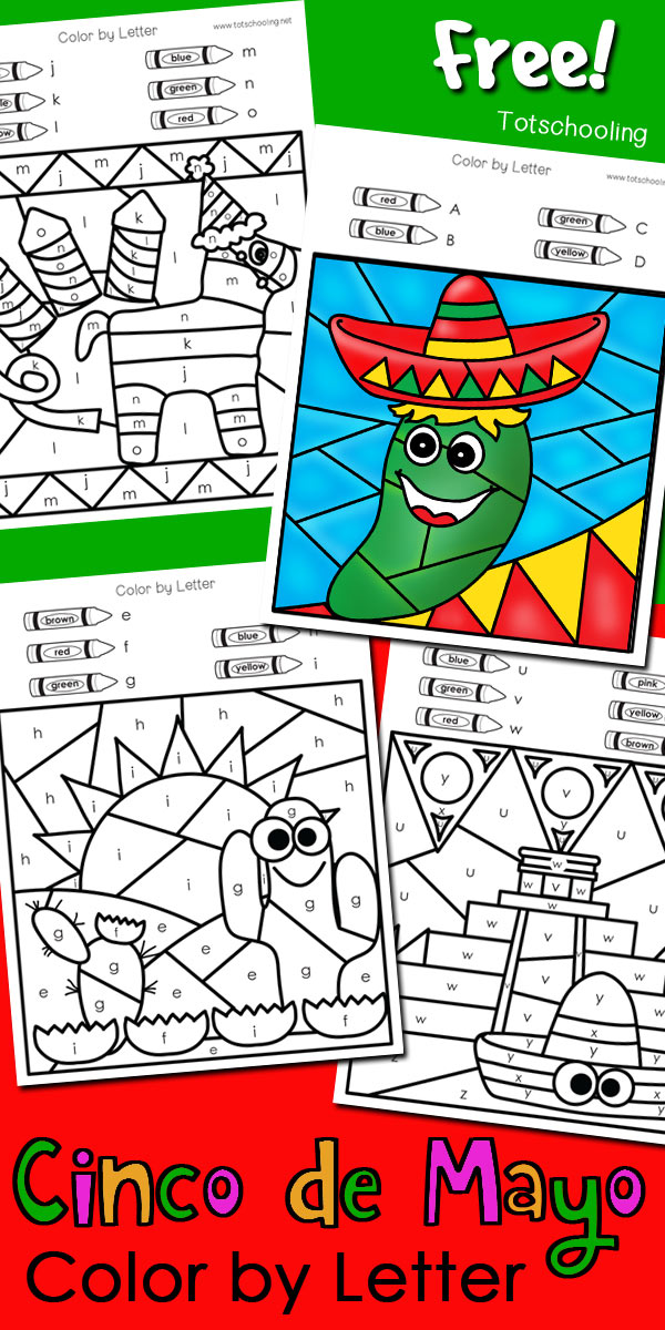 FREE printable no-prep worksheets with a Cinco de Mayo theme. Pre-k and kinder kids can practice letters while coloring to reveal mystery images!