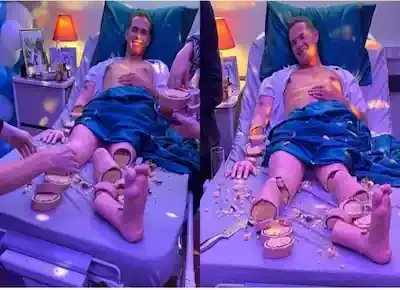 كعكة مجسمة على هيئة رجل ممدد على فراشه ورجليه ويديه مقطعة إلى شرائح