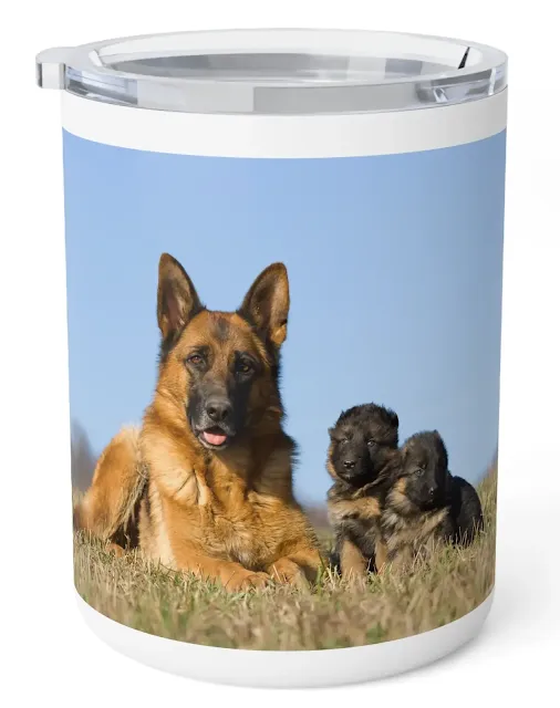 Insulated Stainless Steel Coffee Mug With Red and Black German Shepherd Lying on the Grass With Two Puppies