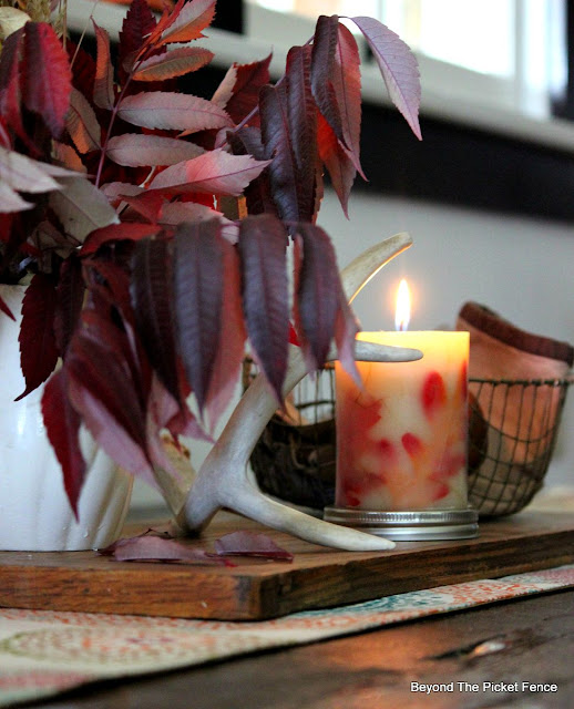 fall leaves, ironstone, centerpiece, autumn decor, http://bec4-beyondthepicketfence.blogspot.com/2015/09/ushering-in-autumn-bit-by-bit.html