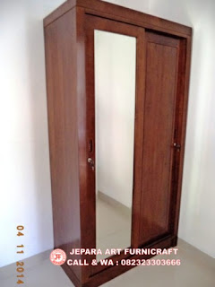 lemari pakaian kayu jati 2 pintu kaca sliding