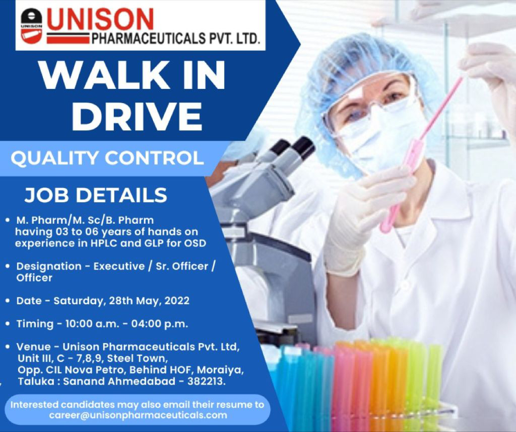 Job Availables,Unison Pharmaceuticals Pvt Ltd Walk-In-Interview For B.Pharm/ M.Pharm/ MSc