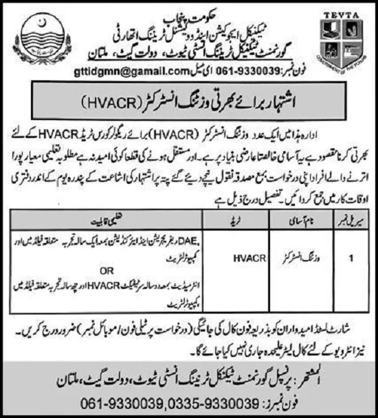 govt-technical-training-institute-multan-tevta-jobs-2021