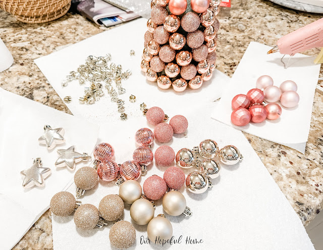 rose gold pink and gold mini Christmas ornaments