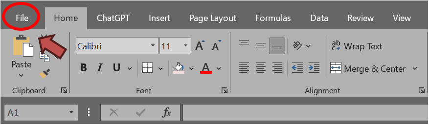 File menu in MS Excel