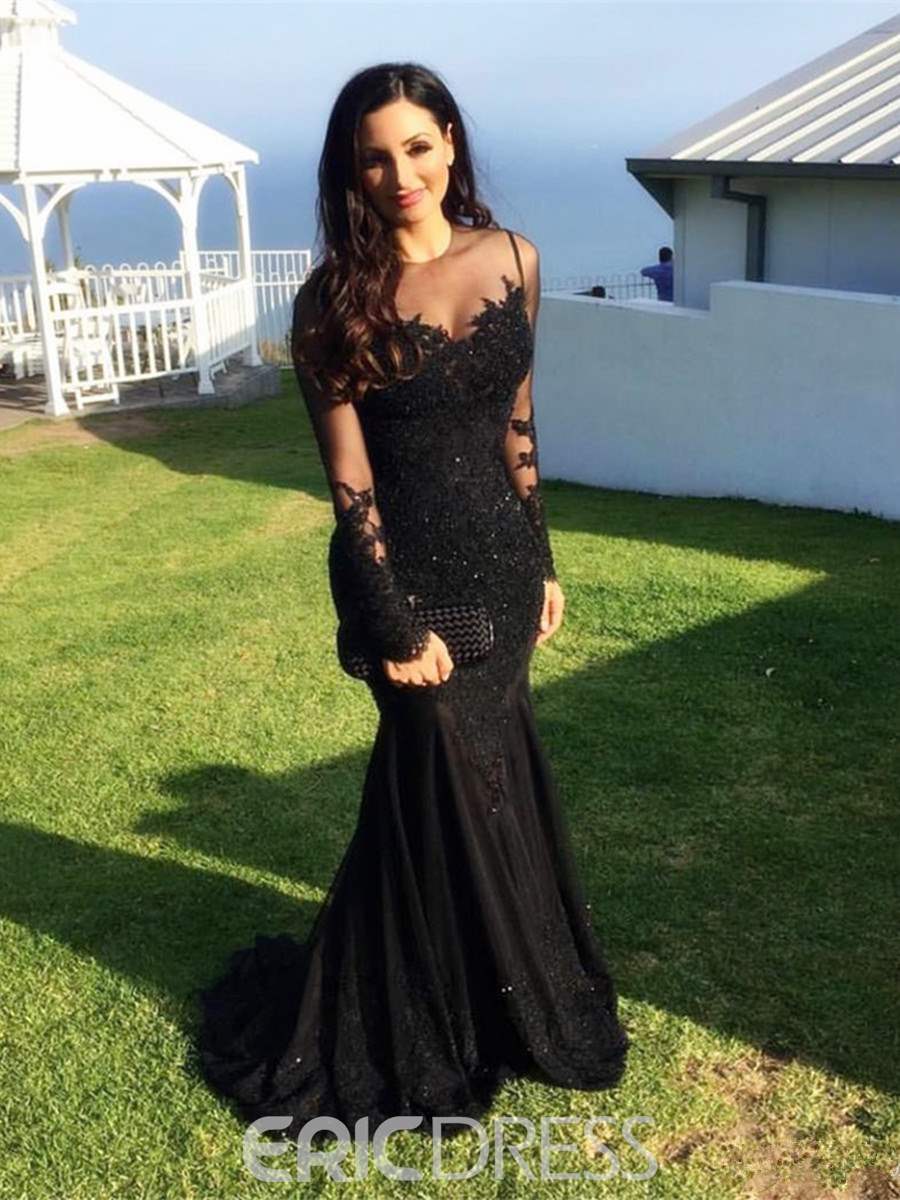 Ericdress Long Sleeve Lace Black Mermaid Evening Dress