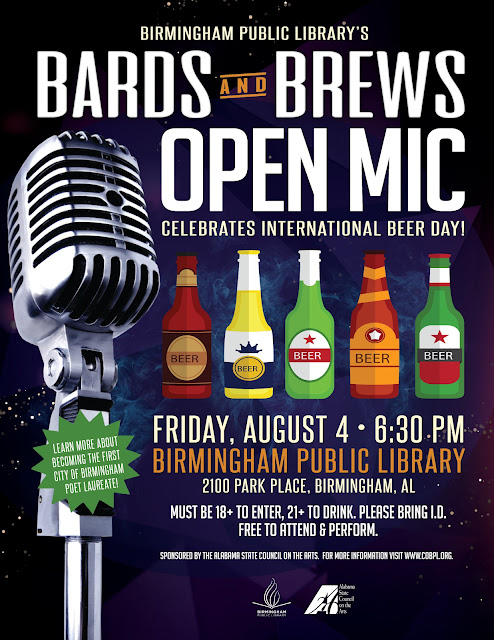 Flyer advertising the next Bards & Brews on Friday, August 4, 2023, at the Central Library, starting at 6:30 p.m.