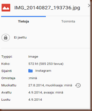 Kuvatiedoston EXIF-tagit eivät näy tiedoston tietoja kentässä.