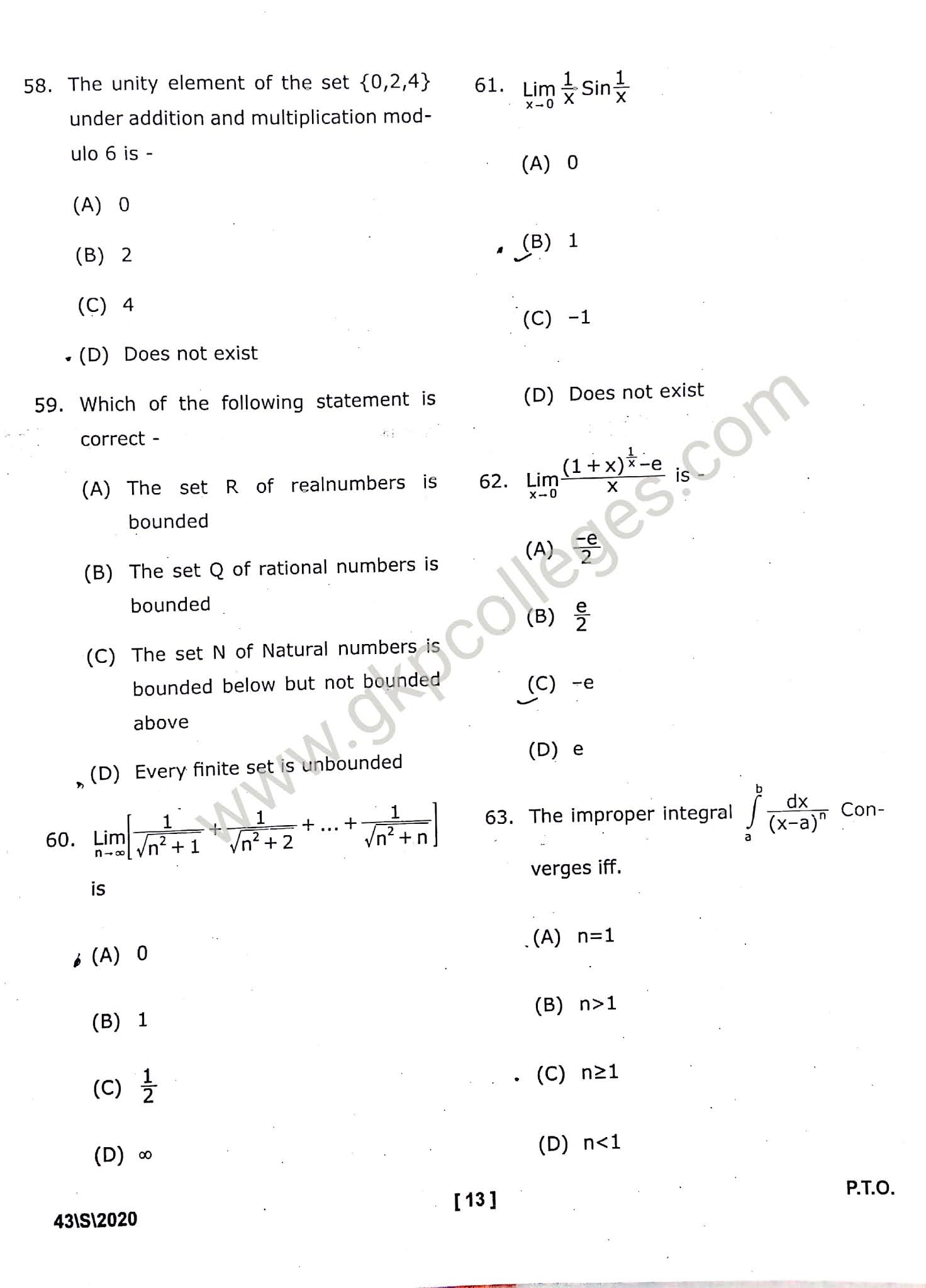 DDU M.Sc. and M.A. Mathematics Entrance question paper 2020 with Answer key