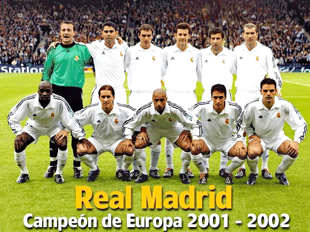 REAL MADRID C. F. Temporada 2001-02. César, Fernando Hierro, Iván Helguera, Solari, Figo y Zidane. Makelele, Michel Salgado, Roberto Carlos, Raúl y Morientes. REAL MADRID C. F. 2 BAYER 04 LEVERKUSEN 1 Miércoles 15/05/2002, 20:45 horas. Liga de Campeones de la UEFA, final. Glasgow, Escocia, Reino Unido, Hampden Park: 50.499 espectadores. GOLES: 1-0: 8’, Raúl. 1-1: 13’, Lúcio. 2-1: 45’, Zidane.