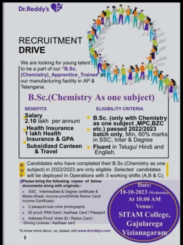 Dr Reddy's Laboratories | Walk-in interview for BSc (Chemistry) Freshers on 18th Oct 2023