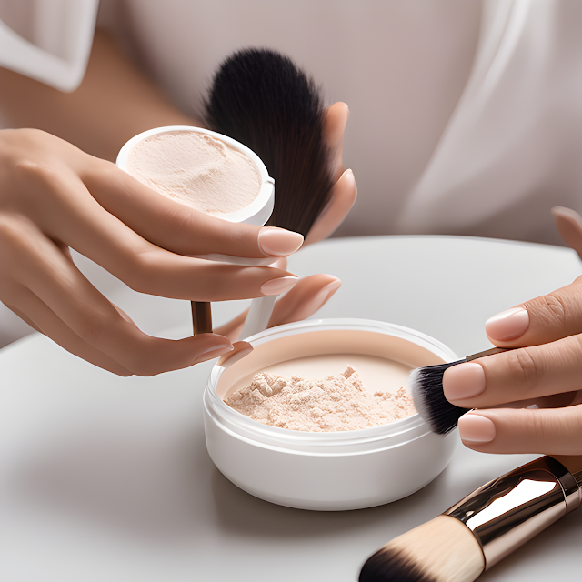 A woman applying a non-comedogenic translucent powder with a brush.