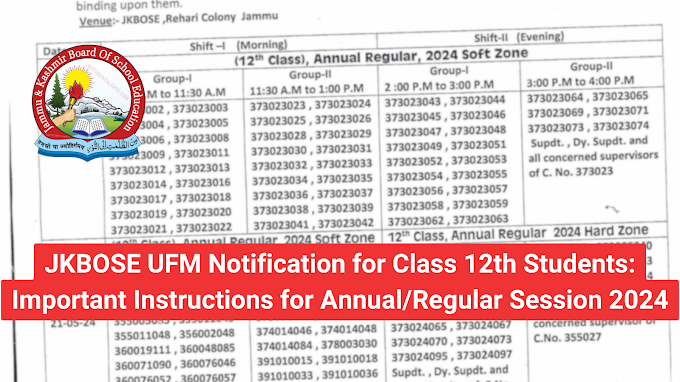 JKBOSE UFM Notification for Class 12th Students: Important Instructions for Annual/Regular Session 2024