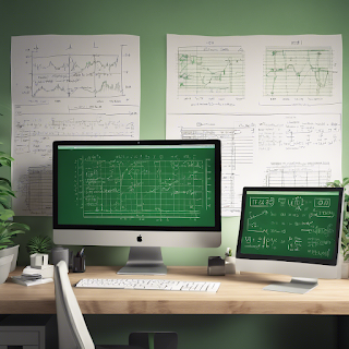 Cozy office with a green computer screen showing math formulas and diagrams, highly detailed, photorealistic