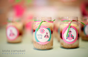 food in jar, baby, daisy, lil ladybug decor, ribbon, pink & green, jars