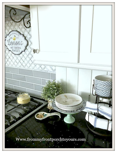 Farmhouse- Cottage- Kitchen-DIY-Backspalsh-Sheep Plates-Blue-White-Decor-From My Front Porch To Yours