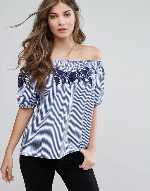 Blue Stripe Off Shoulder Top With Embroidery