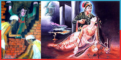 Salim and Anarkali... Two images clubbed.... Image by Indianess website... Left part shows putting Anarkali in the walls, and right shows love of Salim to Anarkali