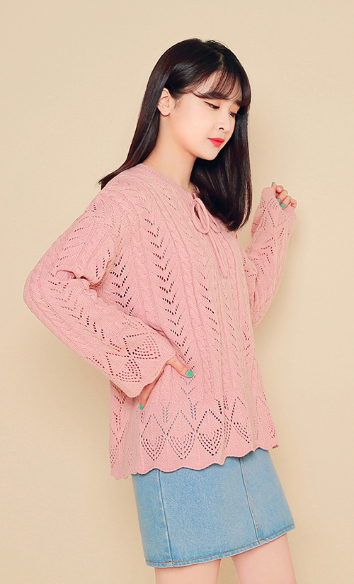 Lace Knit Tie Neck Blouse