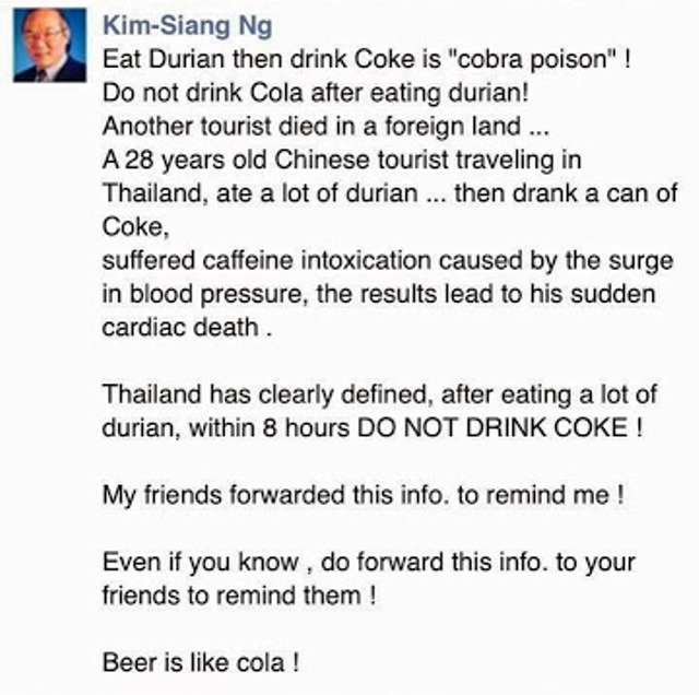 OMG! - Lelaki mati akibat minum Coke sambil makan Durian 