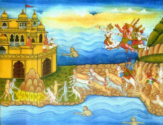 Rama and his army cross their miraculous bridge to Lanka, supported by Vibhisana, brother to Ravana, who flies above them in the sky with his four companions.