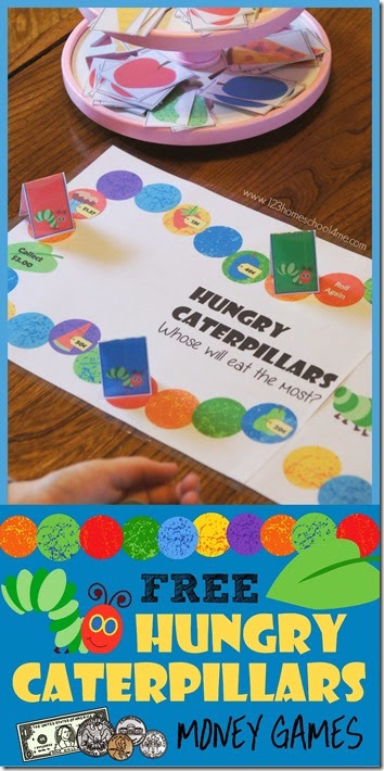 Hungry Caterpillars Money Games - free printable game for preschool kindergarten 1st grade 2nd grade 3rd grade