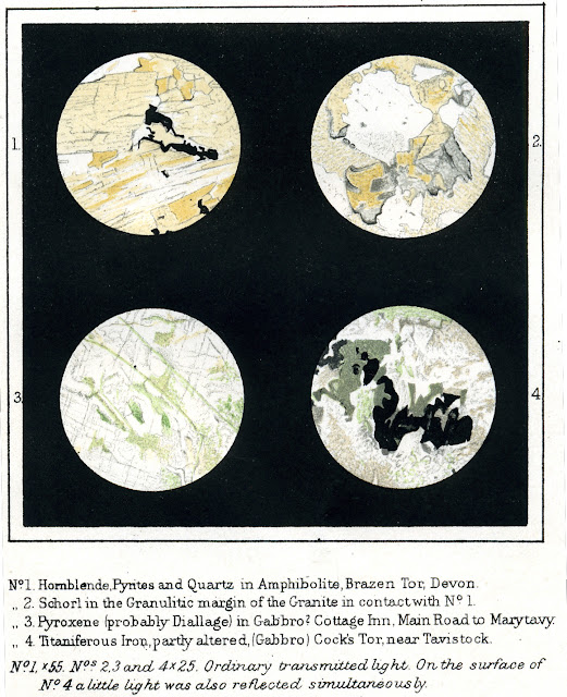 Plate X No. 1 Hornblende, Pyrites and Quartz in Amphibolite, Brazen Tor, Devon No 2 Schorl in the Granulitic margin of the Granite in contact with No. 1 No 3. Pyroxene (probably Diallage) in Gabbro? Cottage Inn, Main Road to Marytavy. No. 4 Titaniferous Iron, partly altered (Gabbro) Cock's Tor, near Tavistock. Bo. 1 x55. Nos. 2,3 and 4 x25. ordinary transmitted light. On the surface of No. 4 a little light was also reflected simultaneously.