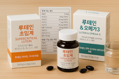 복합 성분이 함께 포함된 루테인 초임계 제품 세트가 테이블에 진열된 모습