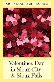 a pile of red confetti hearts is framed with a light yellow box and below has the words "Valentine's Day Fun in Sioux City and Sioux Falls"