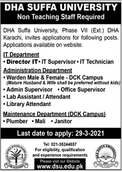 DHA Suffa University Jobs 2021 in Pakistan - Download Job Application Form :- www.dsu.edu.pk