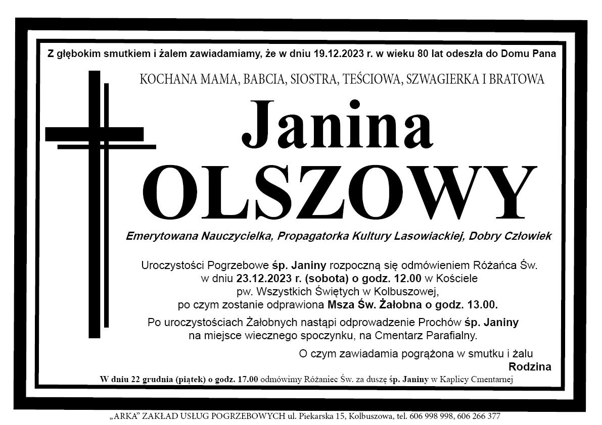 Nie żyje Janina Olszowy - nekrolog. 