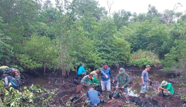 Jaga Kelestarian Lingkungan Pesisir, Danramil 01/Ranai Menanam Mangrove di Pantai Pering