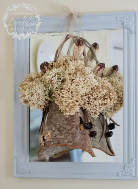Bark basket and hydrangea on chalk painted antique mirror