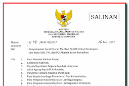 SURAT EDARAN DARI MENPAN-RB NOMOR 20 TAHUN 2017 TENTANG PENETAPAN JAM KERJA ASN, TNI, DAN POLRI PADA BULAN RAMADHAN