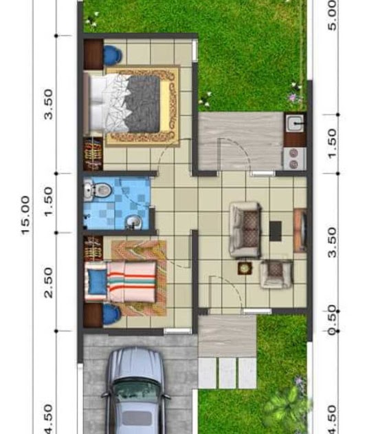 Denah rumah  minimalis ukuran 6x15 meter 2  kamar  tidur  1 