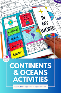 Looking for fun and engaging ways to teach continents and oceans to your first graders this year? These 5 activities will have you well on your way to teaching all the interesting and fun facts about our continents and oceans. From hands-on activities to cutting and pasting, to writing prompts, you will have everything you need to teach continents and oceans to your firsties this year. #thechocolateteacher #teachcontinentsandoceans #firstgradesocialstudies #firstgradegeography #continentsandoceans