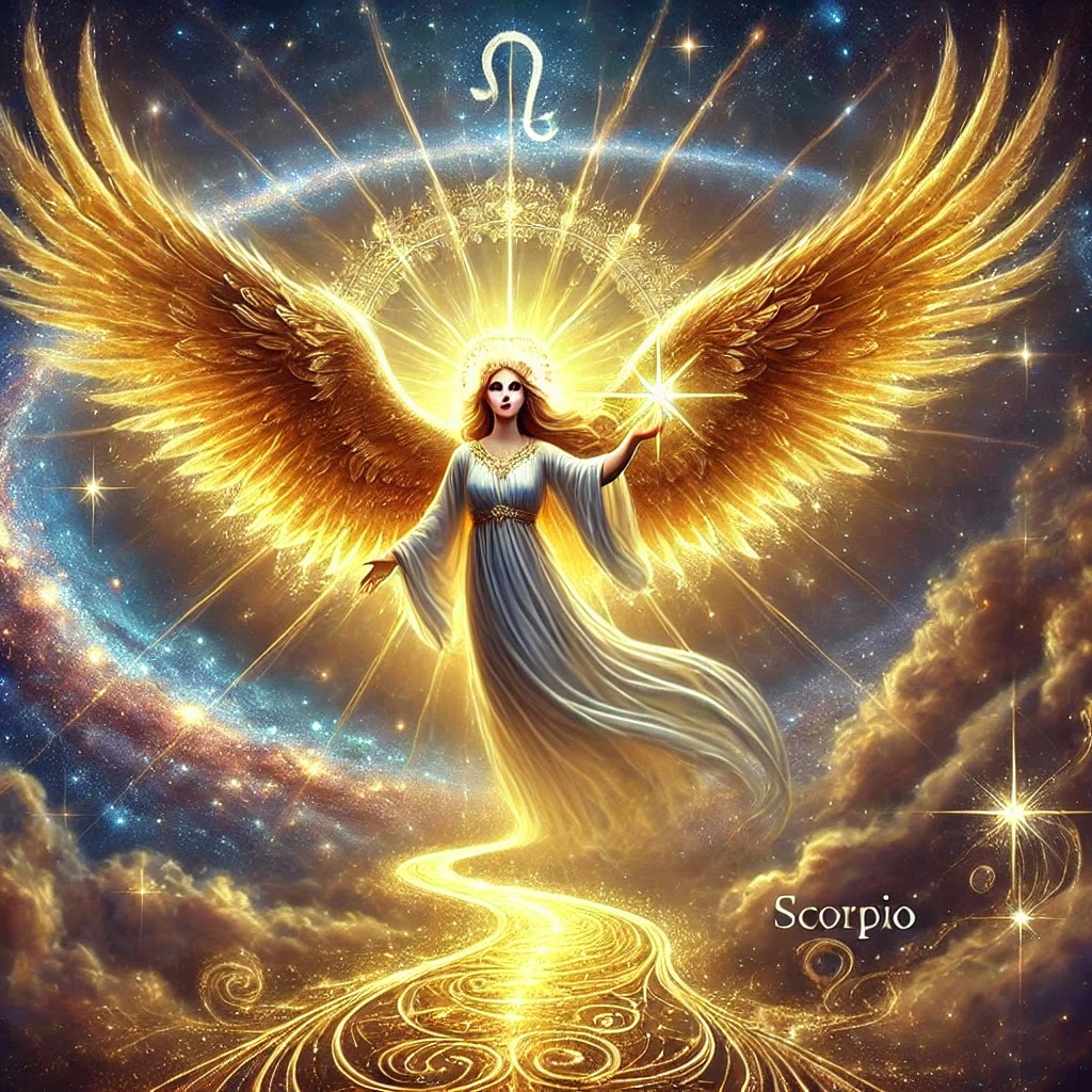 A guiding angel illuminating a golden path, encouraging Scorpio to follow their soul’s spiritual journey.