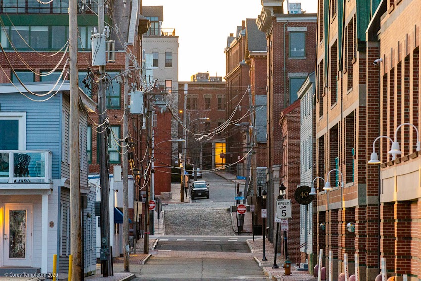 Portland, Maine USA April 2020 photo by Corey Templeton. An empty Old Port, from the end of Portland Pier looking back.