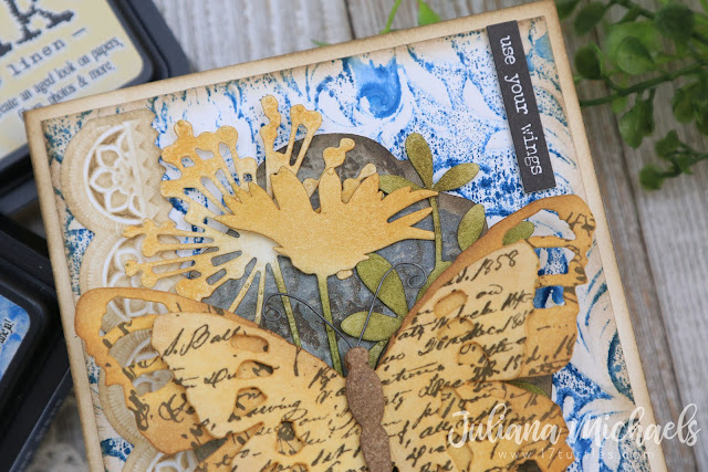 Embrace The Journey Card by Juliana Michaels featuring Tim Holtz Sizzix Wildflower Stems 2, Tattered Butterfly, Botanical Embossing Folder and Mini Scallop 3D Impresslit