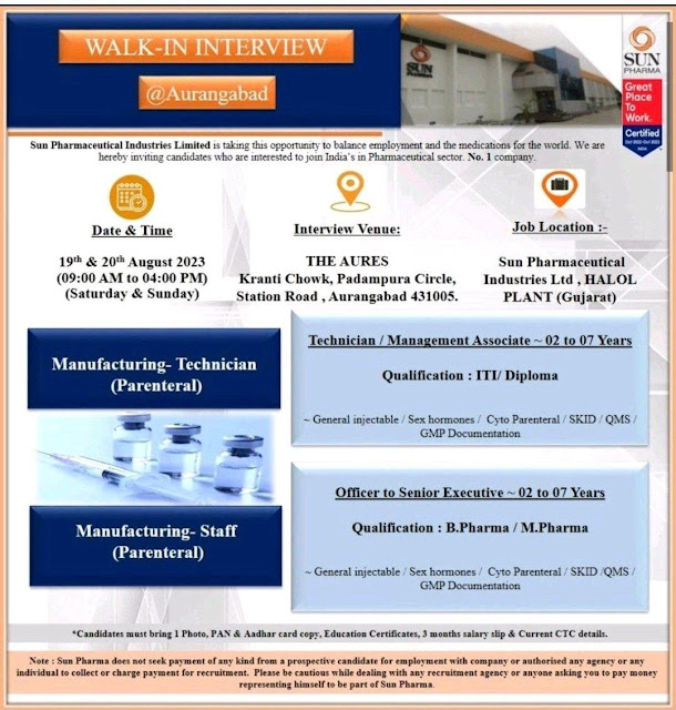 Sun Pharma Walk in Interview For Manufacturing- Technician (Parenteral)/ Manufacturing- Staff (Parenteral)