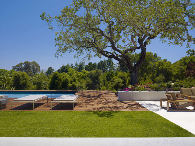 Terrace and large swimming pool in the backyard of modern Oz House in Silicon Valley