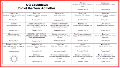 Count down the days until summer vacation with fun activities each day starting with the letter A and ending on Z to Zip up and Zoom out.  This is an editable word doc calendar.  The ideas are there all you need to do is change the dates to meet your needs.  It is a word doc formatted to be printed on legal sized paper 8.5x14