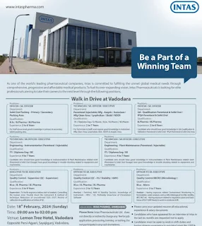 Intas Pharmaceuticals Limited Recruitment 2024: ITI, Diploma and Graduates Jobs Vacancies for Technician, Officer and Executive Positions