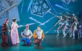 IN PERFORMANCE: (from left to right) Countertenor ANDREY NEMZER as Alfonso, mezzo-soprano VIVICA GENAUX as Veremonda, tenor STEVEN COLE as Don Buscone, bass-baritone JOSEPH BARRON as Roldano, and dancers as Veremonda's amazon regiment in Pier Francesco Cavalli's VEREMONDA, L'AMAZZONE DI ARAGONA at Spoleto Festival USA, 2 June 2015 [Photo © by Julia Lynn Photography]