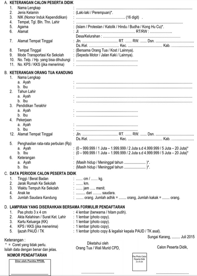 Contoh Formulir Pendaftaran/Penerimaan Peserta Didik Baru 