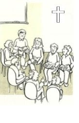 Ilustración de unos niños sentados en clase de catequesis