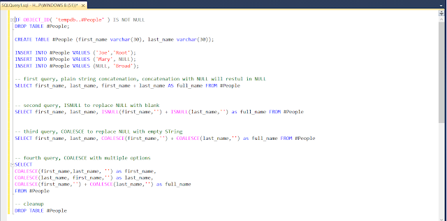  We oft take away to supersede NULL values amongst empty String or blank inward SQL e How to supersede NULL amongst Empty String inward SQL Server? ISNULL() vs COALESCE() Examples